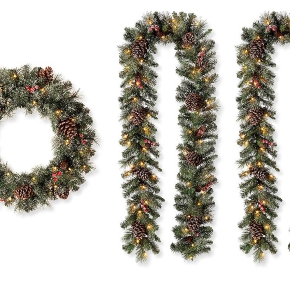 Glitzhome 24" D Pre-Lit Glittered Pine Cone Christmas Wreath and Matched 2pk 9ft